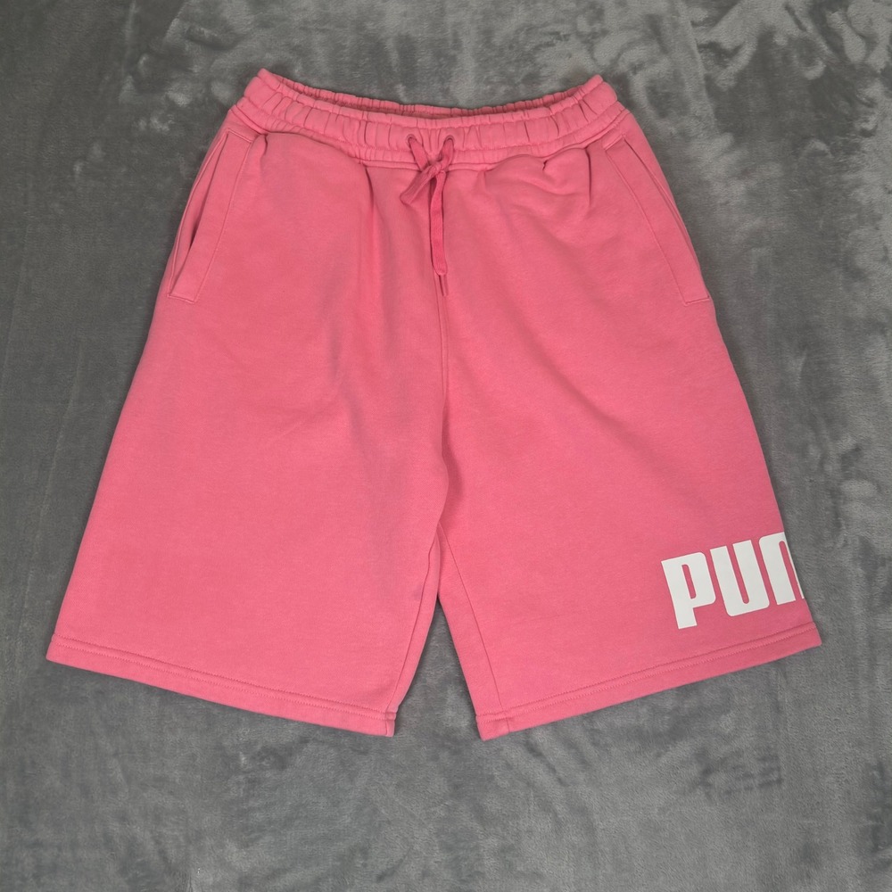 Puma Sweat Shorts Mens Small Pink Fleece Logo Drawstring Athletic Loungewear